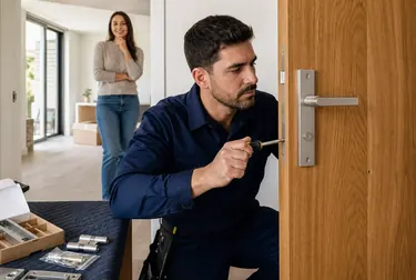 Chaveiro instalando uma nova fechadura em uma porta.