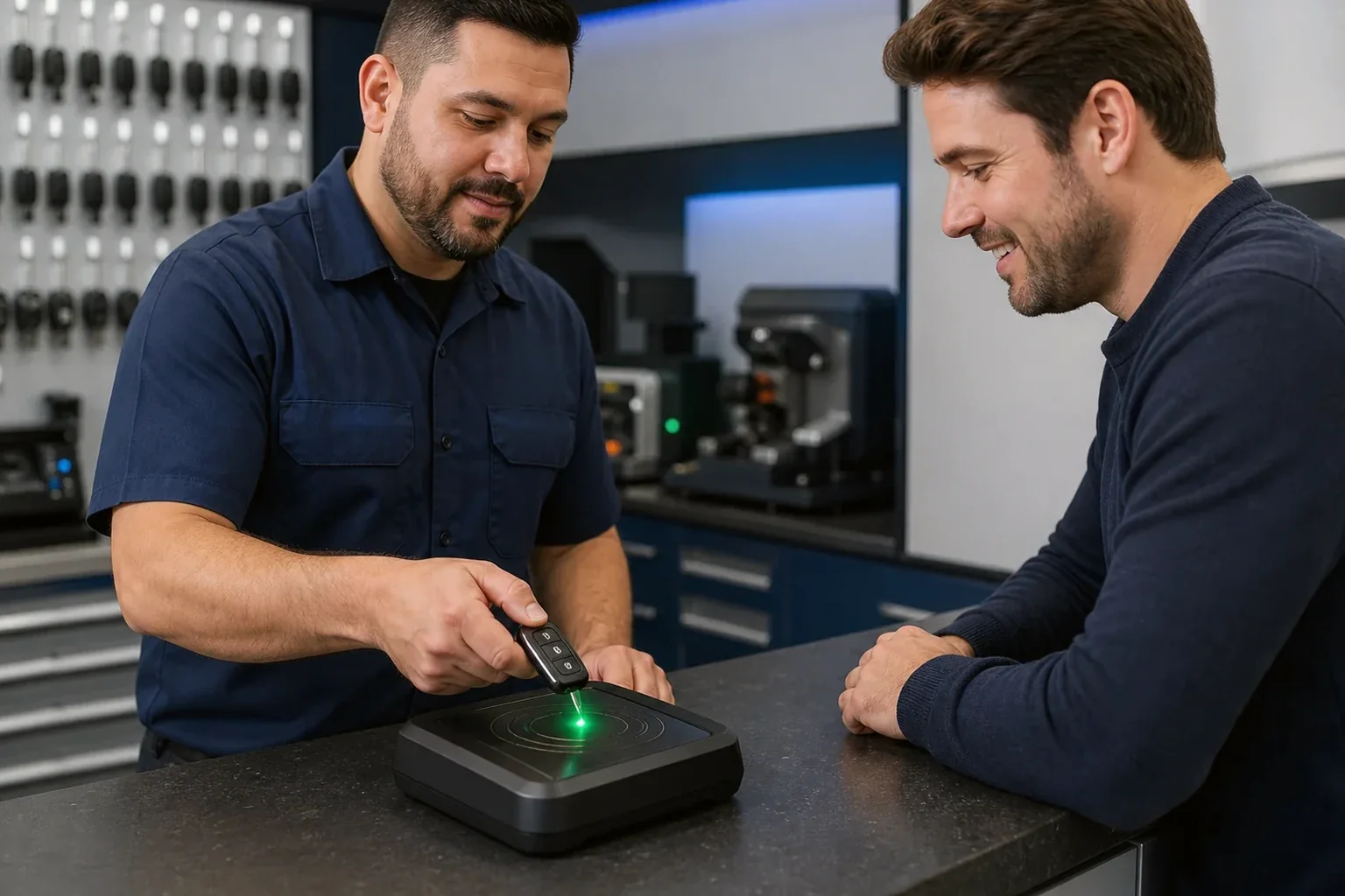 Chaveiro programando um controle remoto de segurança.