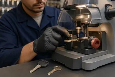 Profissional do chaveiro fazendo cópia de chaves em uma máquina.