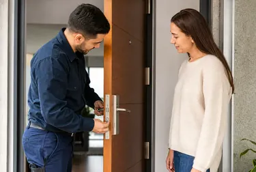 Profissional do chaveiro trabalhando na abertura de uma porta.